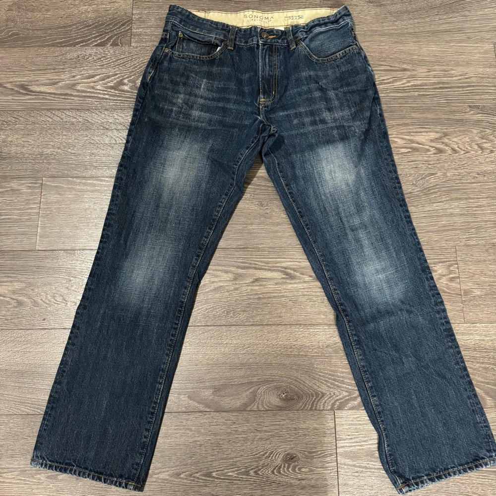Sonoma Life + Style Mens Blue Denim Jeans 33X32 (33x30) Straight Leg Med Wash